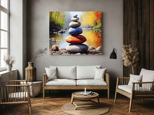 Balanced River Stones painted stacked stones in a shallow river for modern home decor.