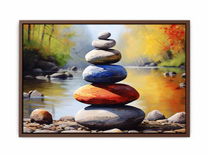 Balanced River Stones painted stacked stones in a shallow river for modern home decor.