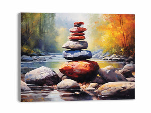 Zen Autumn Balance watercolor stacked river stones surrounded by autumn trees, glowing stream light, large rocks, and peacef