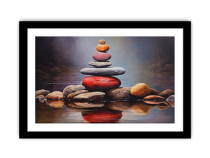 Quiet Stone Reflection moody stacked stones by still water for modern home decor.