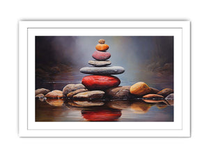 Quiet Stone Reflection moody stacked stones by still water for modern home decor.