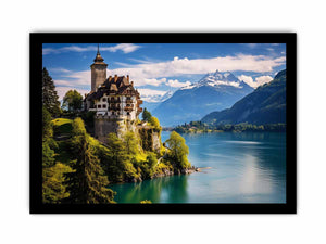 Swiss castle lake landscape canvas print for elegant office or living room decor.