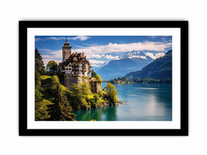 Swiss castle lake landscape canvas print for elegant office or living room decor.