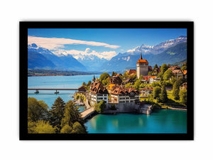 Swiss lakeside village canvas art with mountains for modern living room decor.