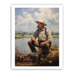 Rustic fisherman canvas painting for calm farmhouse office or living room decor.