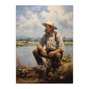 Rustic fisherman canvas painting for calm farmhouse office or living room decor.
