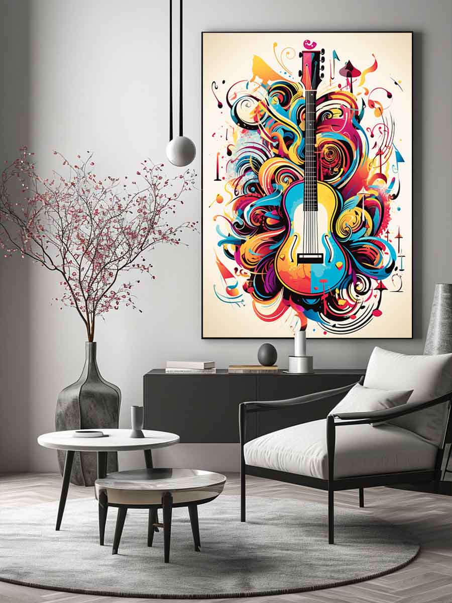 Bold guitar music wall art poster for creative studio or teen room decor.