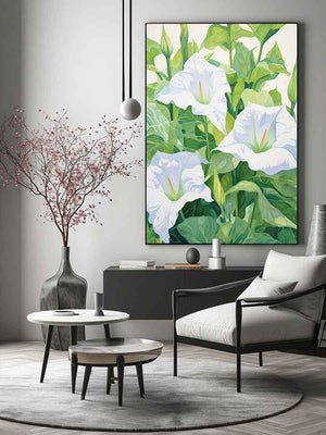 White jimson weed botanical canvas art for serene bedroom or bathroom decor.