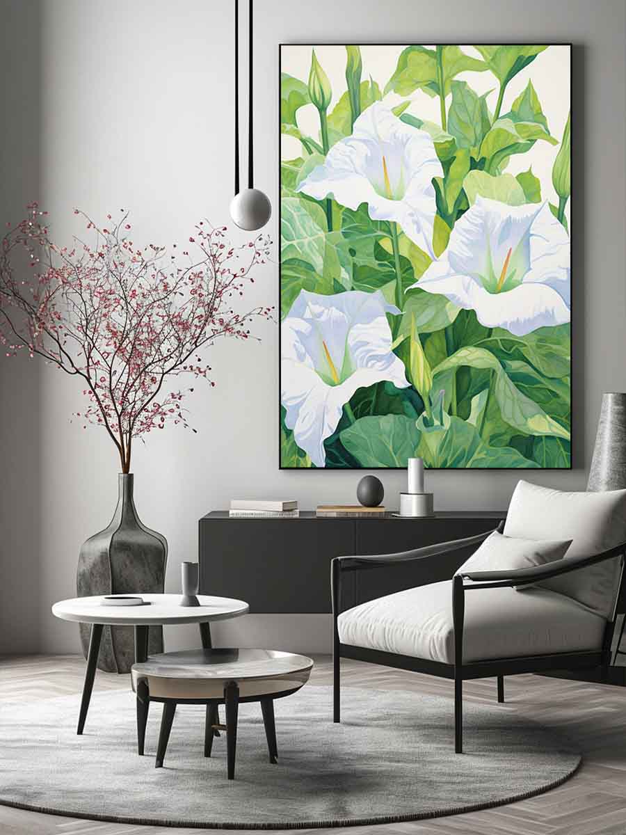 White jimson weed botanical canvas art for serene bedroom or bathroom decor.