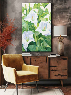 White jimson weed botanical canvas art for serene bedroom or bathroom decor.