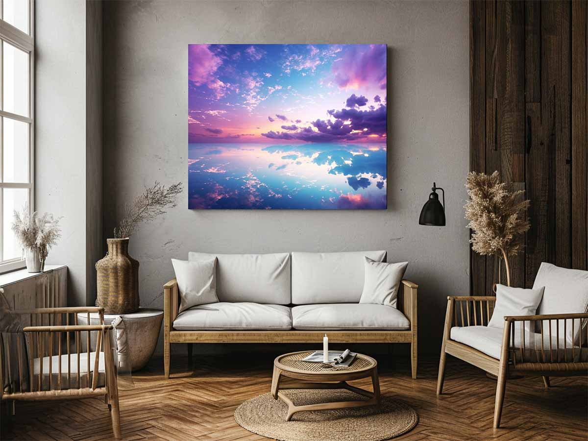 Pastel sky reflection canvas art for serene bedroom and coastal decor.