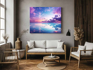 Pastel sky reflection canvas art for serene bedroom and coastal decor.