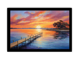 Sunset jetty canvas painting for warm coastal living room decor.