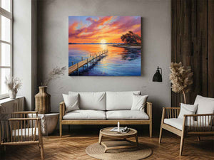 Sunset jetty canvas painting for warm coastal living room decor.