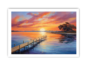 Sunset jetty canvas painting for warm coastal living room decor.