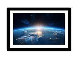 Earth from space canvas art with blue horizon for modern office decor.