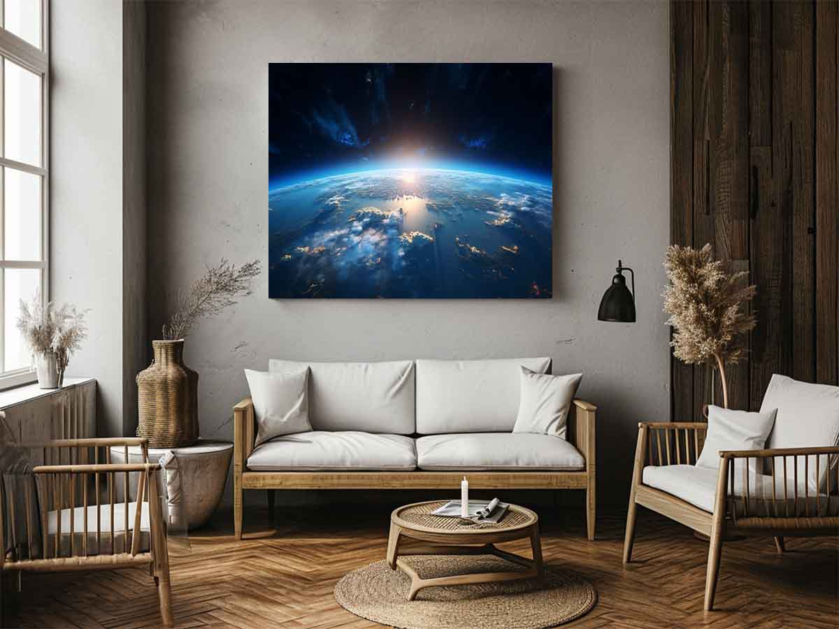 Earth from space canvas art with blue horizon for modern office decor.