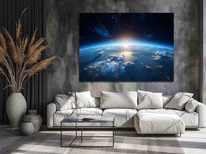 Earth from space canvas art with blue horizon for modern office decor.