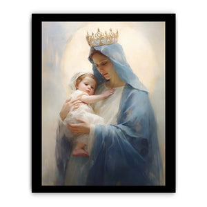 Virgin Mary canvas art holding child in soft blue tones for peaceful bedroom decor.