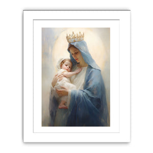 Virgin Mary canvas art holding child in soft blue tones for peaceful bedroom decor.