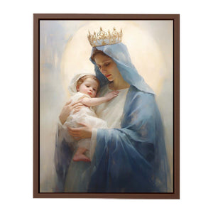 Virgin Mary canvas art holding child in soft blue tones for peaceful bedroom decor.