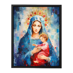 Colorful Virgin Mary artwork with child and halo for nursery or bedroom decor.