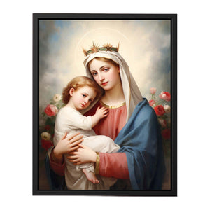 Madonna and child canvas art with soft roses and blue robe for bedroom decor.
