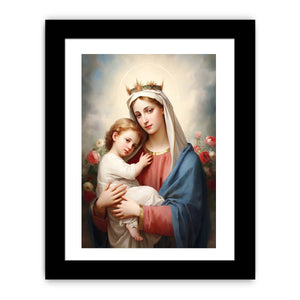 Madonna and child canvas art with soft roses and blue robe for bedroom decor.