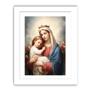 Madonna and child canvas art with soft roses and blue robe for bedroom decor.