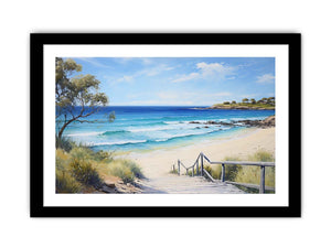 Beach path canvas print with turquoise waves and stairs for coastal living room decor.