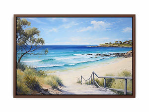 Beach path canvas print with turquoise waves and stairs for coastal living room decor.