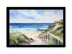 Coastal beach path artwork with stairs, dunes, and blue ocean for bedroom decor.