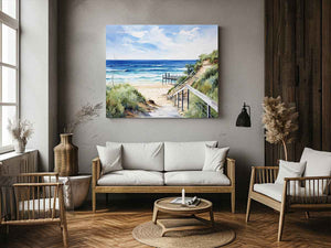 Coastal beach path artwork with stairs, dunes, and blue ocean for bedroom decor.