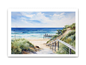 Coastal beach path artwork with stairs, dunes, and blue ocean for bedroom decor.