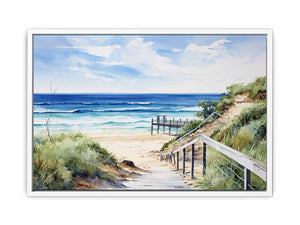 Coastal beach path artwork with stairs, dunes, and blue ocean for bedroom decor.