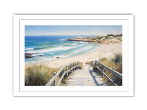 Beach stairway canvas art with ocean waves and dunes for coastal home decor.