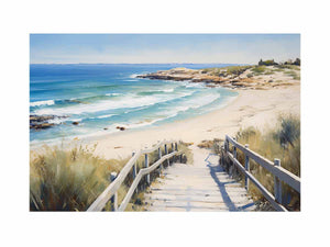 Beach stairway canvas art with ocean waves and dunes for coastal home decor.