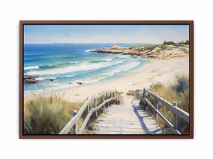 Beach stairway canvas art with ocean waves and dunes for coastal home decor.