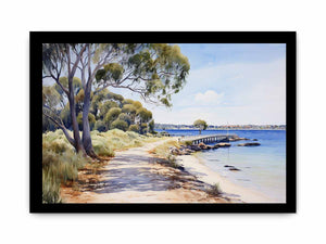 Coastal jetty landscape canvas with trees and calm blue bay for living room decor.