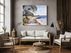Coastal jetty landscape canvas with trees and calm blue bay for living room decor.