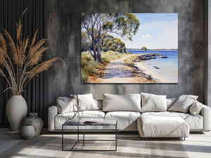 Coastal jetty landscape canvas with trees and calm blue bay for living room decor.