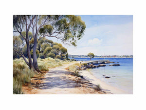 Coastal jetty landscape canvas with trees and calm blue bay for living room decor.