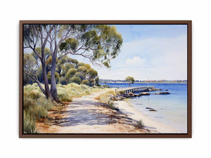 Coastal jetty landscape canvas with trees and calm blue bay for living room decor.