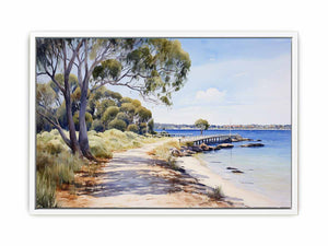 Coastal jetty landscape canvas with trees and calm blue bay for living room decor.