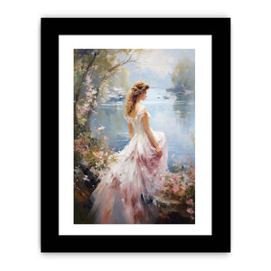 Dream girl canvas art in flowing dress by lake for romantic bedroom decor.