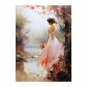 Ethereal woman canvas print in blush dress with flowers for bedroom wall decor.