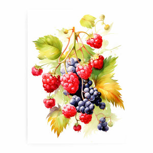 Berry botanical canvas print with raspberries, grapes, and green leaves for kitchen decor.