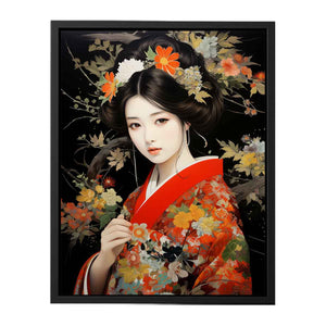 Japanese floral woman portrait canvas art for bedroom decor.