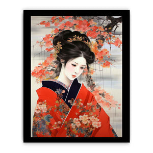 Japanese woman in red kimono canvas art for bedroom decor.