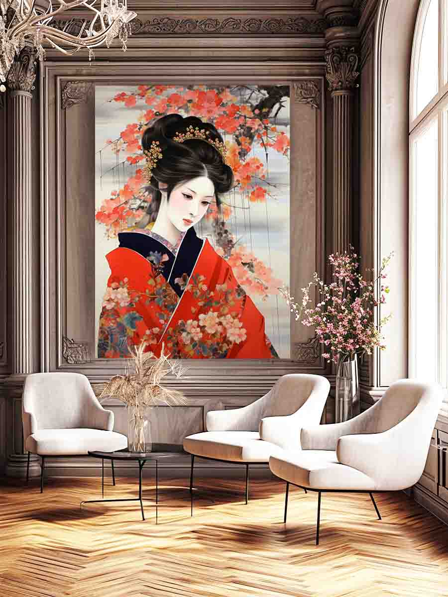 Japanese woman in red kimono canvas art for bedroom decor.